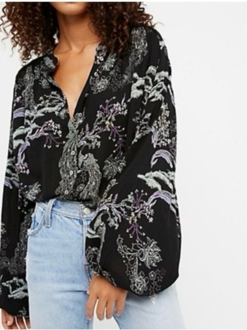 Floral Paisley Black Balloon-Sleeve Blouse